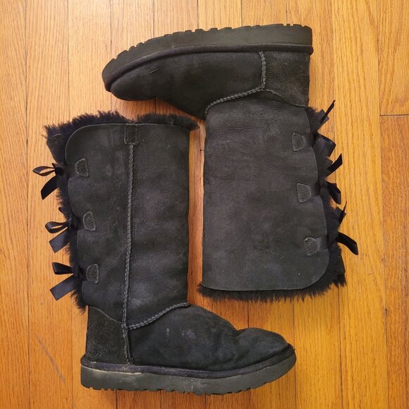 UGG 5 Black Suede Leather Sheepskin BAILEY BOW II Tall Boots - Picture 2 of 10
